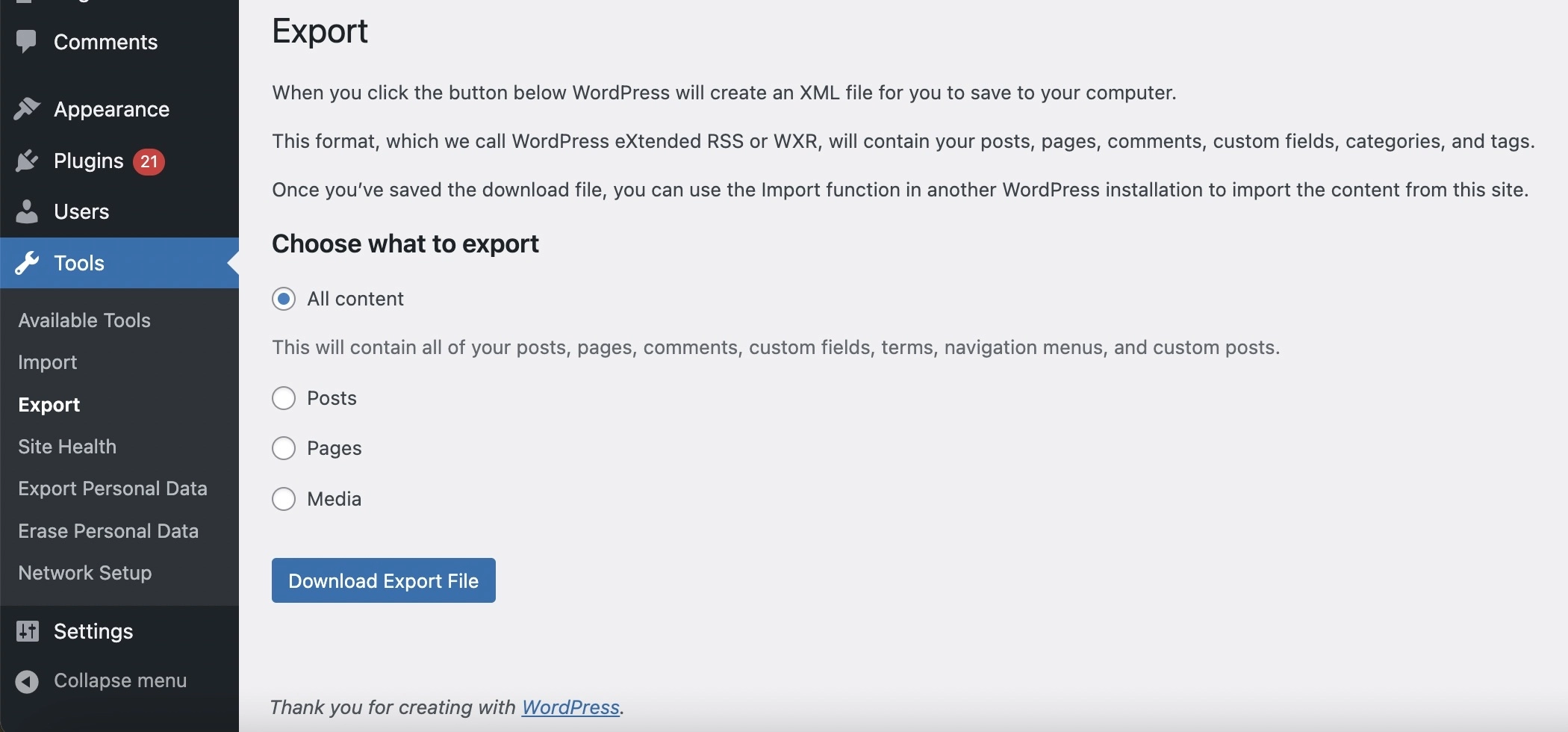 Wp export to xml